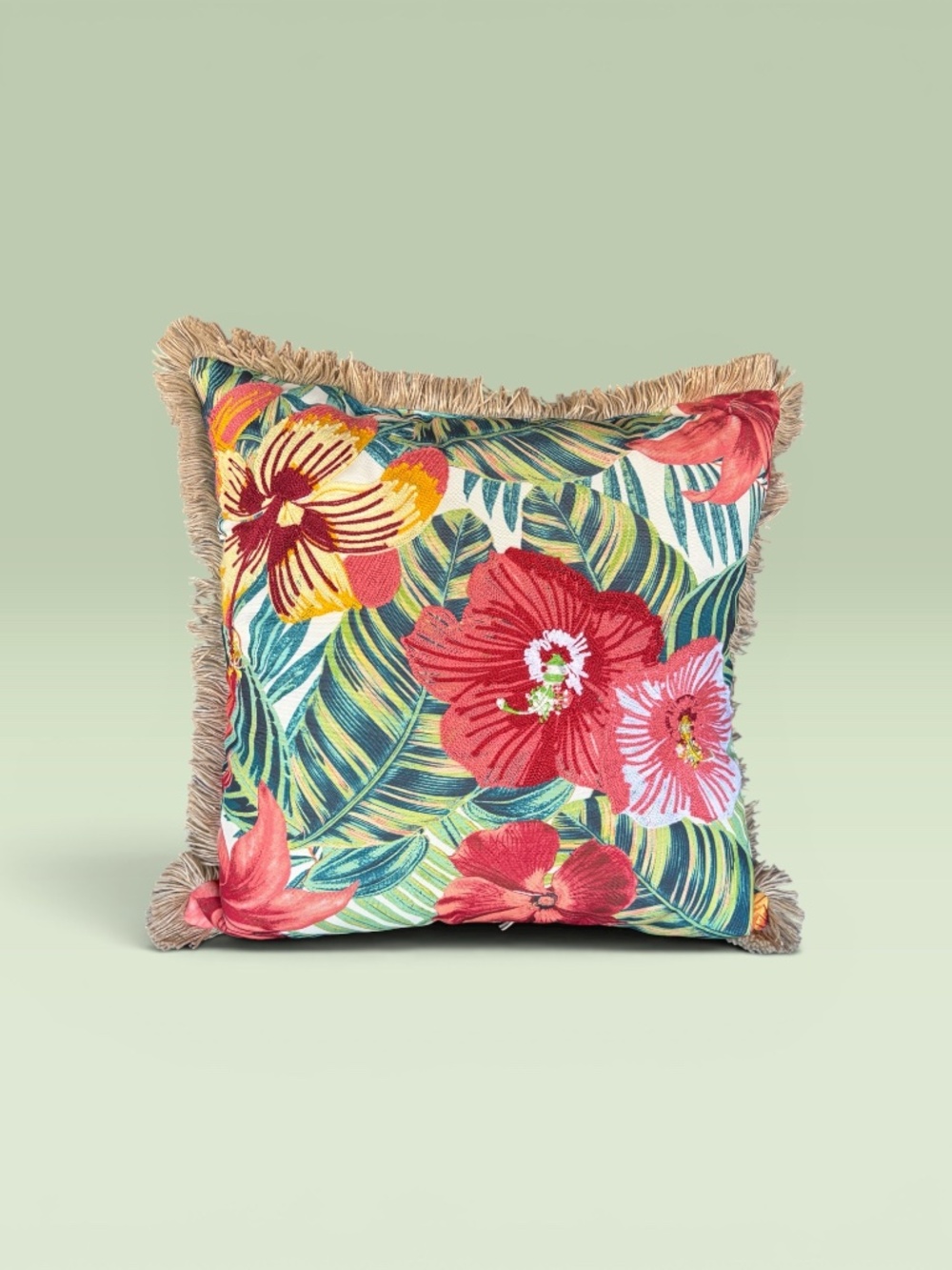 Bright Multicolor Tropical Embroidery Crewel Floral Throw Pillow 20” x20"